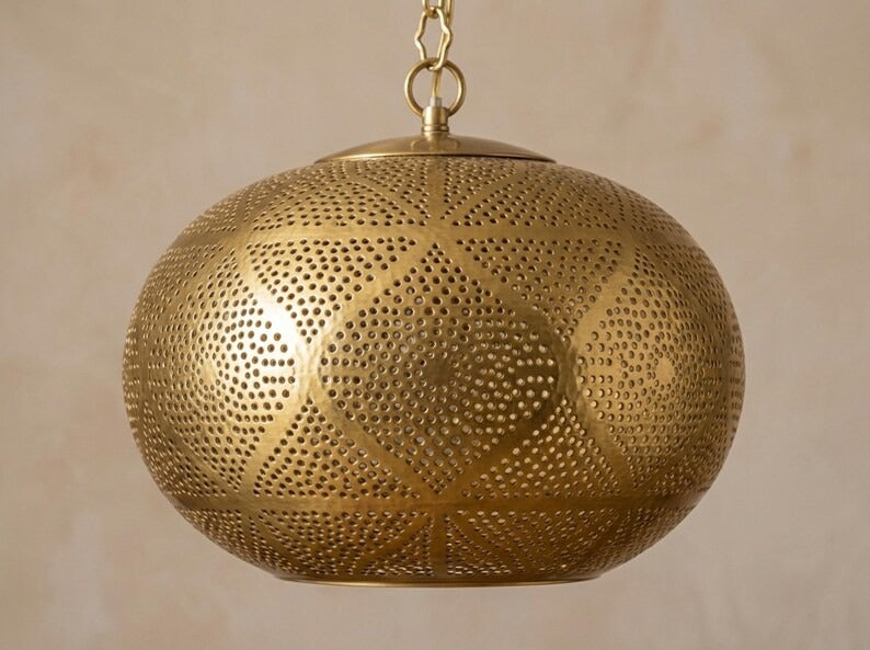 Large Moroccan Pierced Brass Globe Pendant Light – Geometric Filigree Chandelier with Dramatic Shadow Pattern
