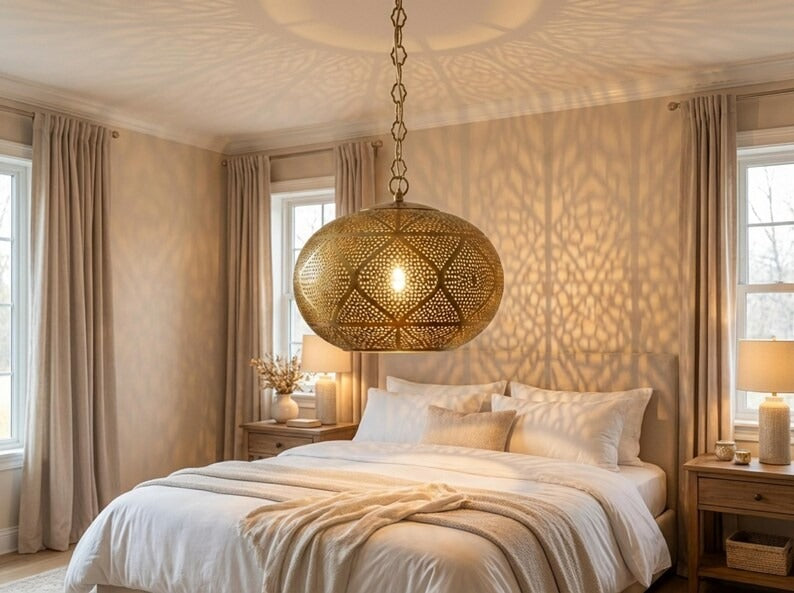 Large Moroccan Pierced Brass Globe Pendant Light – Geometric Filigree Chandelier with Dramatic Shadow Pattern