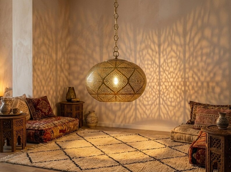 Large Moroccan Pierced Brass Globe Pendant Light – Geometric Filigree Chandelier with Dramatic Shadow Pattern