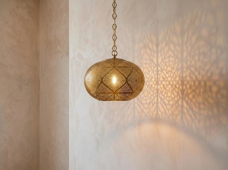 Large Moroccan Pierced Brass Globe Pendant Light – Geometric Filigree Chandelier with Dramatic Shadow Pattern