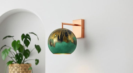 Handmade Moroccan Brass Globe Wall Sconce – Turquoise Green Patina and Antique Gold Brass Wall Light with Copper Arm, Boho Mediterranean Lamp for Bedroom, Hallway, Bathroom & Entryway