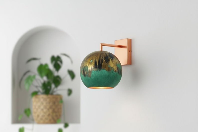 Handmade Moroccan Brass Globe Wall Sconce – Turquoise Green Patina and Antique Gold Brass Wall Light with Copper Arm, Boho Mediterranean Lamp for Bedroom, Hallway, Bathroom & Entryway