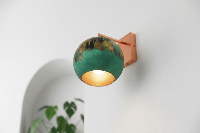 Handmade Moroccan Brass Globe Wall Sconce – Turquoise Green Patina and Antique Gold Brass Wall Light with Copper Arm, Boho Mediterranean Lamp for Bedroom, Hallway, Bathroom & Entryway