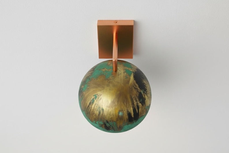Handmade Moroccan Brass Globe Wall Sconce – Turquoise Green Patina and Antique Gold Brass Wall Light with Copper Arm, Boho Mediterranean Lamp for Bedroom, Hallway, Bathroom & Entryway