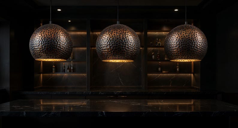 Set of 3 Dark Hammered Copper Globe Pendant Lights, Handmade Moroccan Round Copper Chandelier Trio, Rustic Living Room Hanging Lamps, Boho Farmhouse Ceiling Light Fixtures