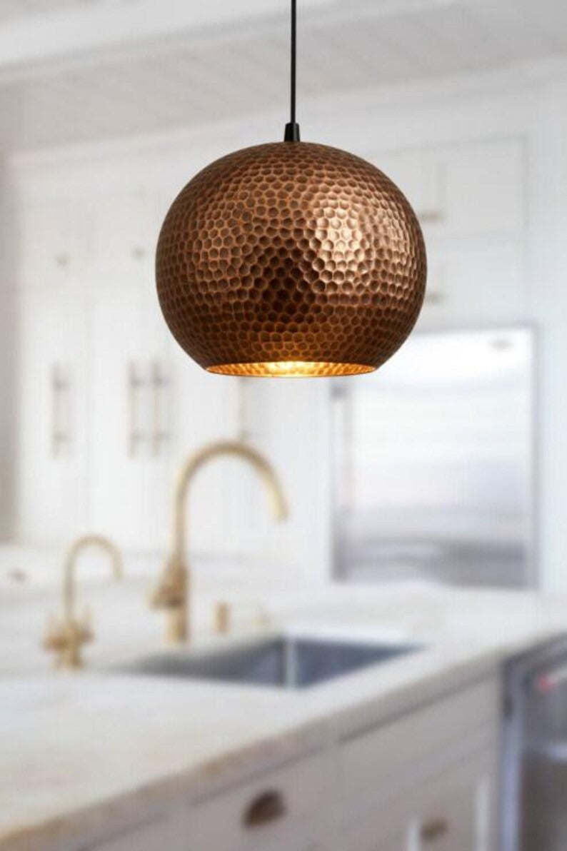 Handmade Hammered Brass Pendant Light – Moroccan Honeycomb Copper Globe Pendant Lamp for Kitchen Island, Dining Room & Boho Home Décor