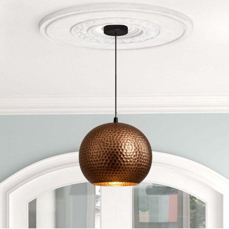 Handmade Hammered Brass Pendant Light – Moroccan Honeycomb Copper Globe Pendant Lamp for Kitchen Island, Dining Room & Boho Home Décor