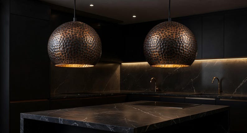 Set of 3 Dark Hammered Copper Globe Pendant Lights, Handmade Moroccan Round Copper Chandelier Trio, Rustic Living Room Hanging Lamps, Boho Farmhouse Ceiling Light Fixtures