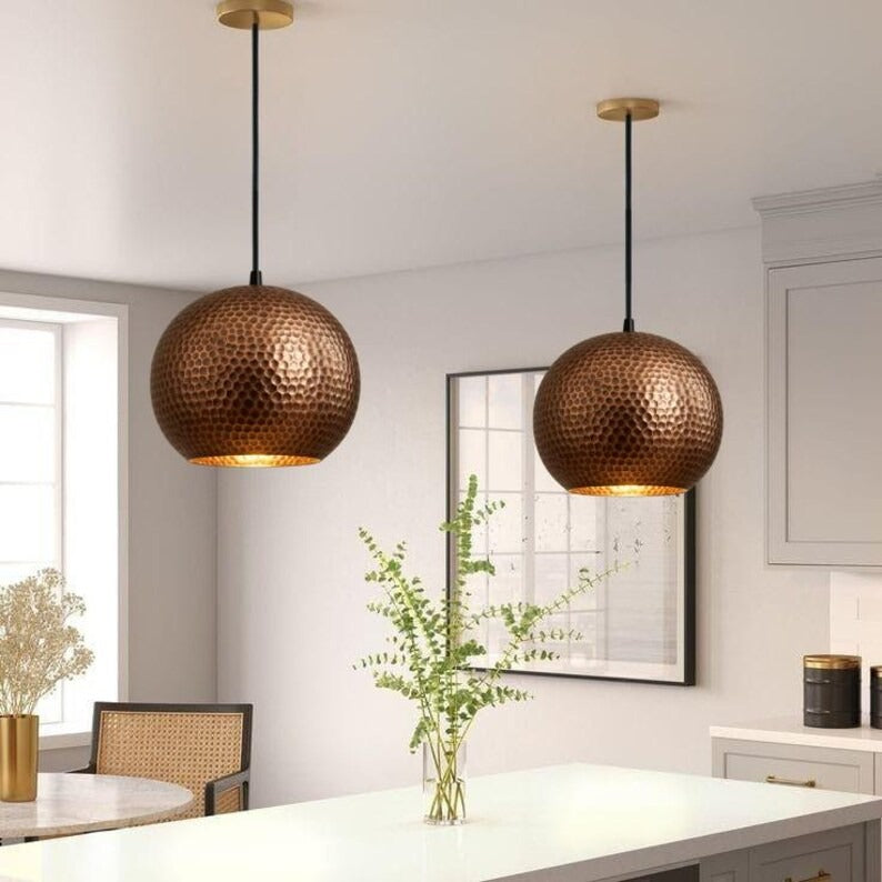 Handmade Hammered Brass Pendant Light – Moroccan Honeycomb Copper Globe Pendant Lamp for Kitchen Island, Dining Room & Boho Home Décor