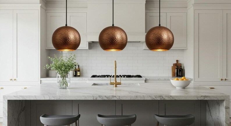 Handmade Hammered Brass Pendant Light – Moroccan Honeycomb Copper Globe Pendant Lamp for Kitchen Island, Dining Room & Boho Home Décor