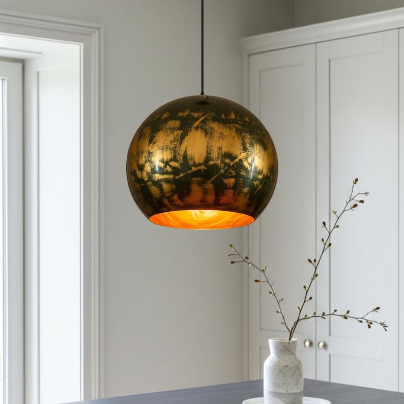 Black and Gold Brass Globe Pendant Light – Hand-Finished Orb Kitchen Island Chandelier
