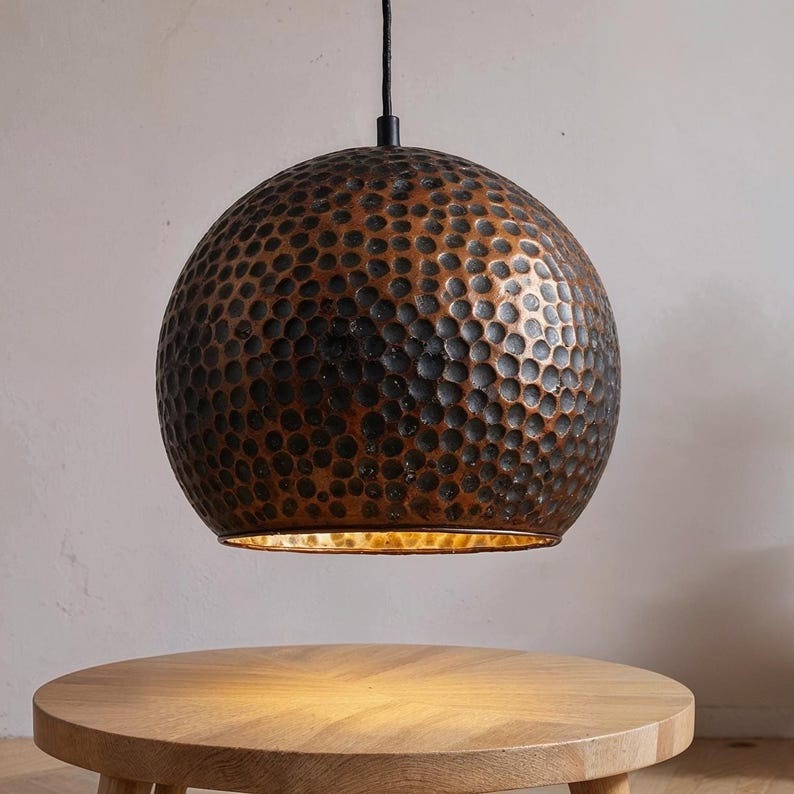 Set of 3 Dark Hammered Copper Globe Pendant Lights, Handmade Moroccan Round Copper Chandelier Trio, Rustic Living Room Hanging Lamps, Boho Farmhouse Ceiling Light Fixtures