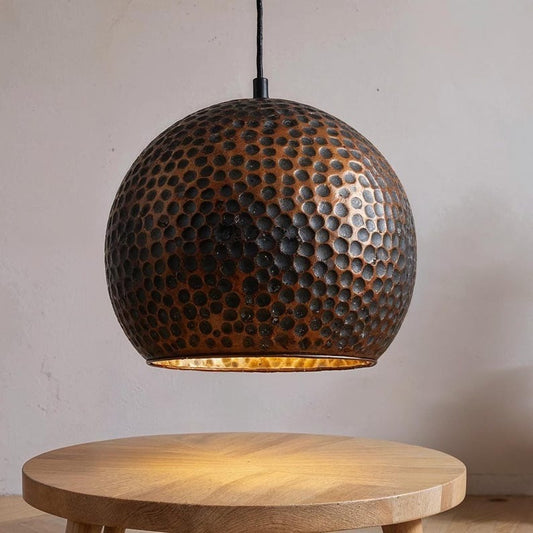 Set of 3 Dark Hammered Copper Globe Pendant Lights, Handmade Moroccan Round Copper Chandelier Trio, Rustic Living Room Hanging Lamps, Boho Farmhouse Ceiling Light Fixtures