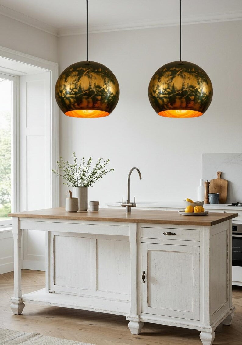 Black and Gold Brass Globe Pendant Light – Hand-Finished Orb Kitchen Island Chandelier