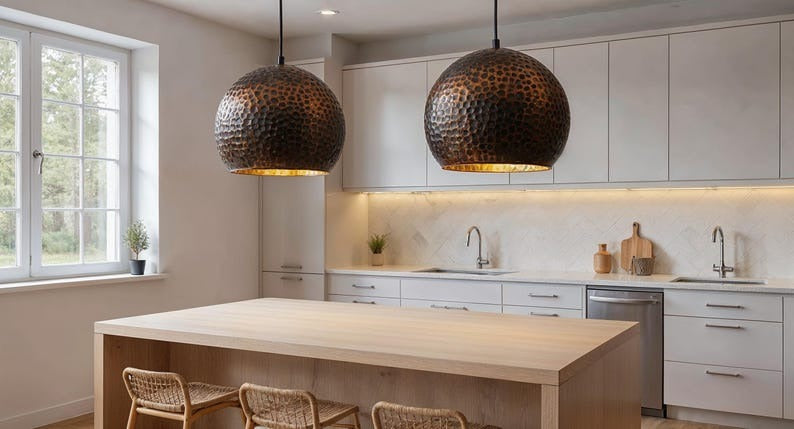 Set of 3 Dark Hammered Copper Globe Pendant Lights, Handmade Moroccan Round Copper Chandelier Trio, Rustic Living Room Hanging Lamps, Boho Farmhouse Ceiling Light Fixtures