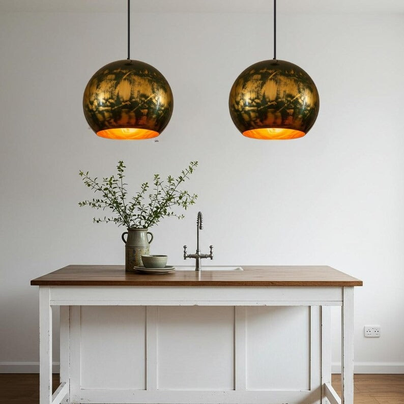 Black and Gold Brass Globe Pendant Light – Hand-Finished Orb Kitchen Island Chandelier