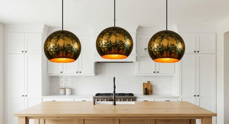 Black and Gold Brass Globe Pendant Light – Hand-Finished Orb Kitchen Island Chandelier