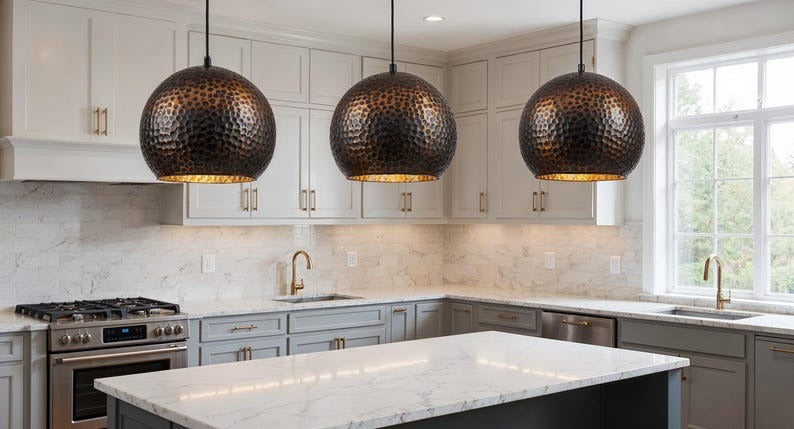 Set of 3 Dark Hammered Copper Globe Pendant Lights, Handmade Moroccan Round Copper Chandelier Trio, Rustic Living Room Hanging Lamps, Boho Farmhouse Ceiling Light Fixtures