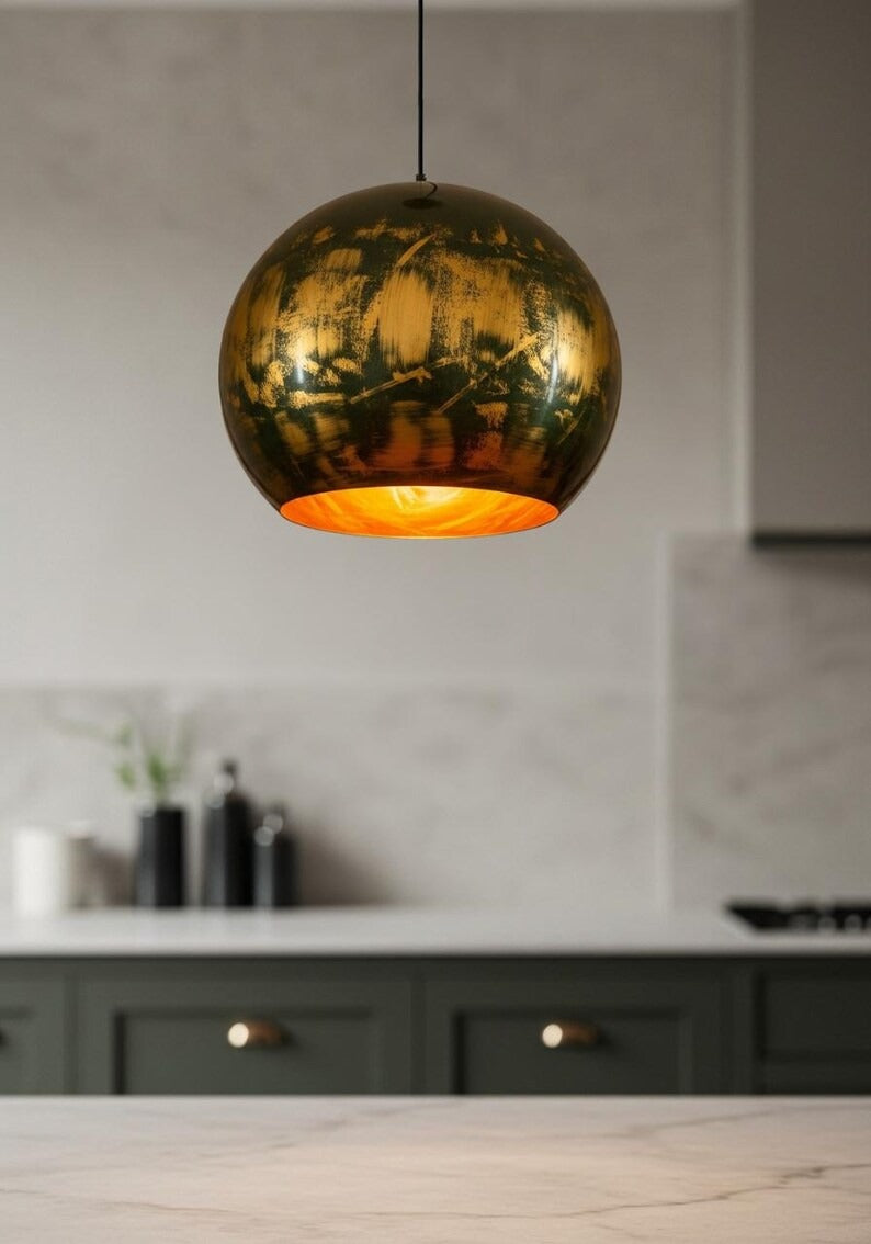 Black and Gold Brass Globe Pendant Light – Hand-Finished Orb Kitchen Island Chandelier