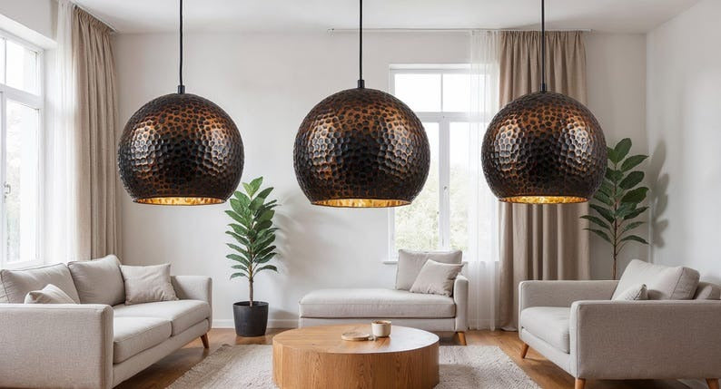 Set of 3 Dark Hammered Copper Globe Pendant Lights, Handmade Moroccan Round Copper Chandelier Trio, Rustic Living Room Hanging Lamps, Boho Farmhouse Ceiling Light Fixtures