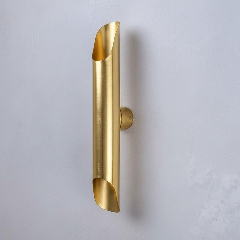 Handmade Moroccan Brass Wall Sconce – Tall Gold Brass Tube Wall Light with Sculptural Cutout Ends, Modern Up and Down Lamp for Bedroom, Hallway, Entryway & Living Room