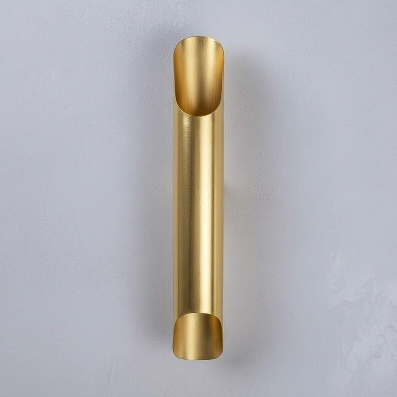 Handmade Moroccan Brass Wall Sconce – Tall Gold Brass Tube Wall Light with Sculptural Cutout Ends, Modern Up and Down Lamp for Bedroom, Hallway, Entryway & Living Room