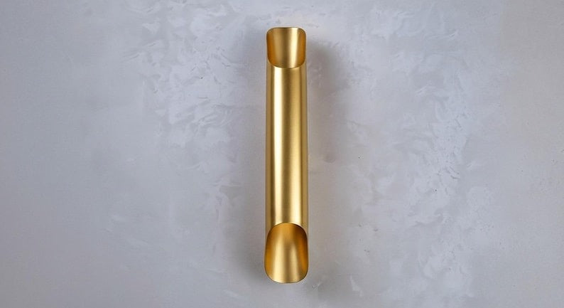 Handmade Moroccan Brass Wall Sconce – Tall Gold Brass Tube Wall Light with Sculptural Cutout Ends, Modern Up and Down Lamp for Bedroom, Hallway, Entryway & Living Room