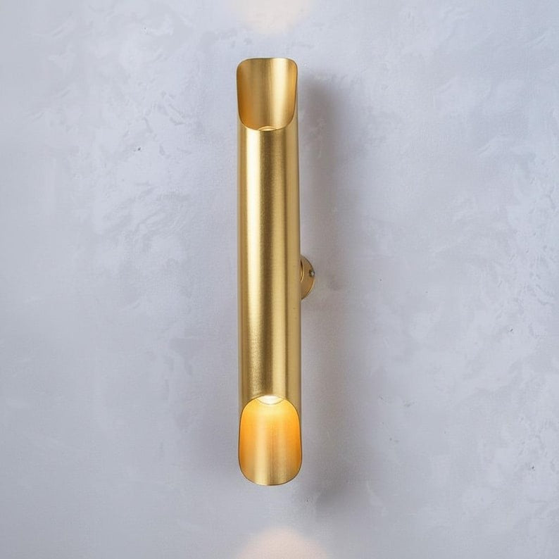 Handmade Moroccan Brass Wall Sconce – Tall Gold Brass Tube Wall Light with Sculptural Cutout Ends, Modern Up and Down Lamp for Bedroom, Hallway, Entryway & Living Room