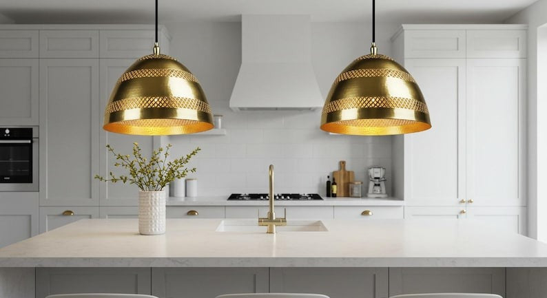 Handmade Moroccan Brass Dome Pendant Light – Polished Gold Brass Hanging Lamp with Pierced Lattice Bands, Boho Mediterranean Ceiling Light for Kitchen Island, Dining Room, Bedroom & Entryway