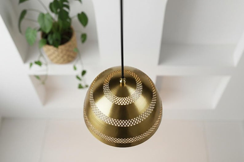 Handmade Moroccan Brass Dome Pendant Light – Polished Gold Brass Hanging Lamp with Pierced Lattice Bands, Boho Mediterranean Ceiling Light for Kitchen Island, Dining Room, Bedroom & Entryway