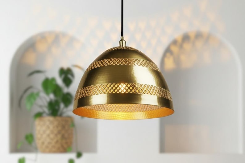 Handmade Moroccan Brass Dome Pendant Light – Polished Gold Brass Hanging Lamp with Pierced Lattice Bands, Boho Mediterranean Ceiling Light for Kitchen Island, Dining Room, Bedroom & Entryway