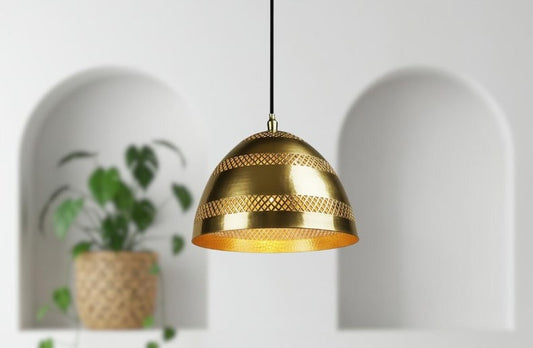 Handmade Moroccan Brass Dome Pendant Light – Polished Gold Brass Hanging Lamp with Pierced Lattice Bands, Boho Mediterranean Ceiling Light for Kitchen Island, Dining Room, Bedroom & Entryway