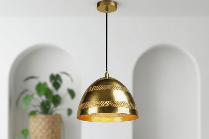 Handmade Moroccan Brass Dome Pendant Light – Polished Gold Brass Hanging Lamp with Pierced Lattice Bands, Boho Mediterranean Ceiling Light for Kitchen Island, Dining Room, Bedroom & Entryway