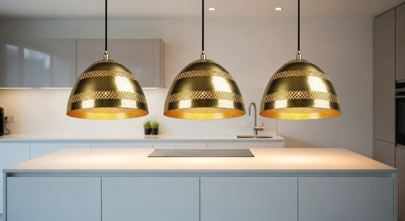Handmade Moroccan Brass Dome Pendant Light – Polished Gold Brass Hanging Lamp with Pierced Lattice Bands, Boho Mediterranean Ceiling Light for Kitchen Island, Dining Room, Bedroom & Entryway