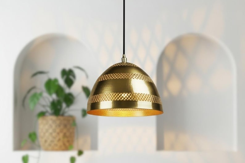Handmade Moroccan Brass Dome Pendant Light – Polished Gold Brass Hanging Lamp with Pierced Lattice Bands, Boho Mediterranean Ceiling Light for Kitchen Island, Dining Room, Bedroom & Entryway