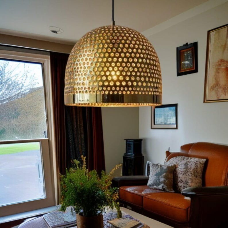 Set of 3 Handmade Moroccan Brass Pendant Lights – Pierced Gold Dome Ceiling Lamps, Perforated Brass Kitchen Island & Dining Room Lighting