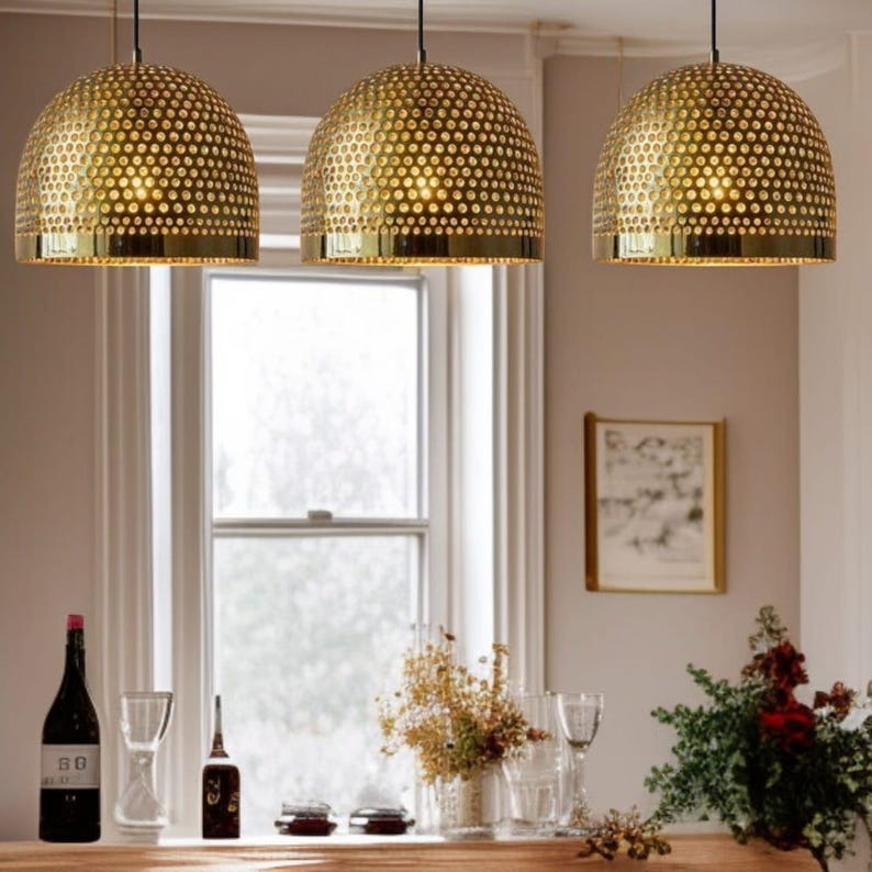 Set of 3 Handmade Moroccan Brass Pendant Lights – Pierced Gold Dome Ceiling Lamps, Perforated Brass Kitchen Island & Dining Room Lighting
