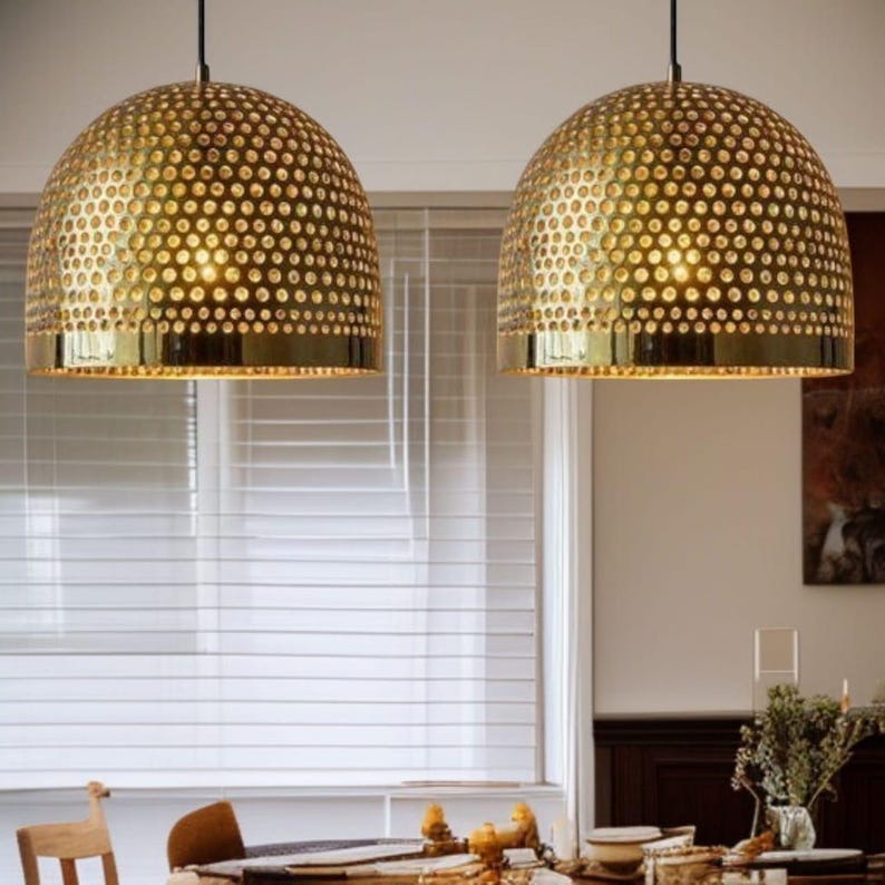 Handmade Moroccan Brass Pendant Light – Pierced Gold Dome Ceiling Lamp, Perforated Brass Kitchen Island & Dining Room Lighting