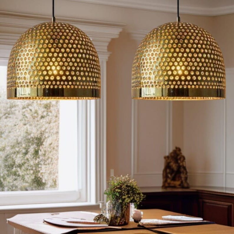 Handmade Moroccan Brass Pendant Light – Pierced Gold Dome Ceiling Lamp, Perforated Brass Kitchen Island & Dining Room Lighting