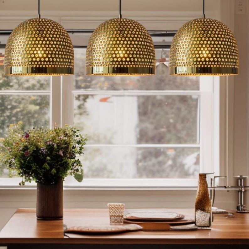 Handmade Moroccan Brass Pendant Light – Pierced Gold Dome Ceiling Lamp, Perforated Brass Kitchen Island & Dining Room Lighting