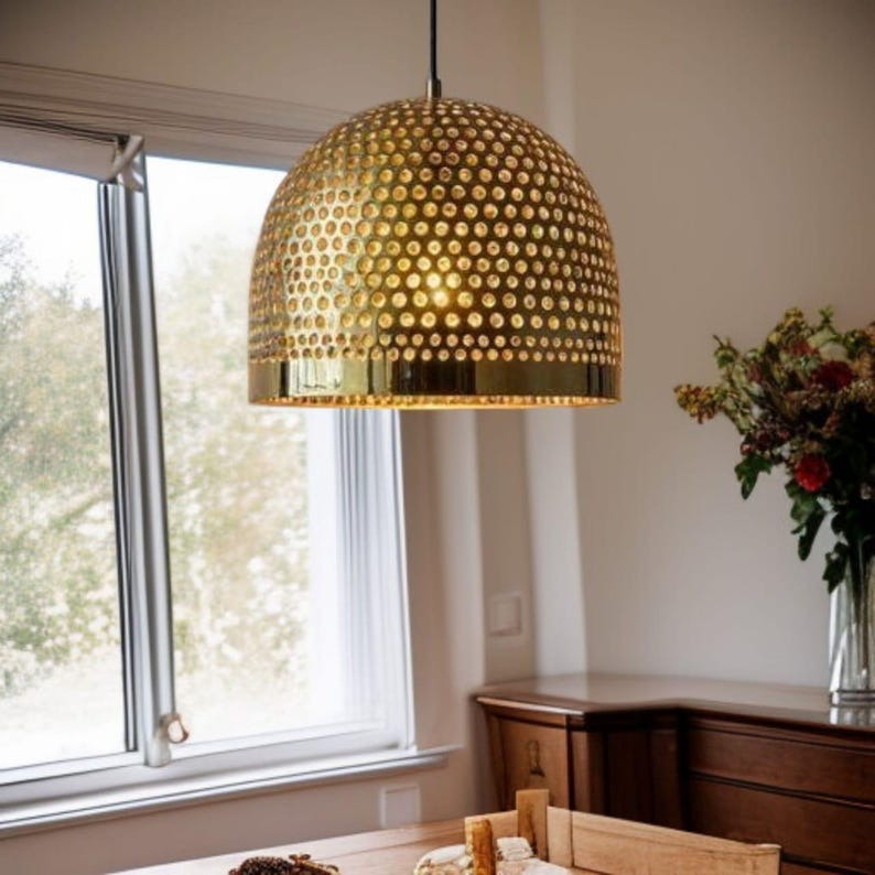 Handmade Moroccan Brass Pendant Light – Pierced Gold Dome Ceiling Lamp, Perforated Brass Kitchen Island & Dining Room Lighting