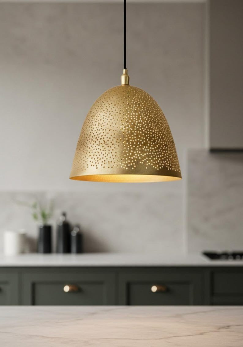 Pierced Brass Bell Pendant Light – Handcrafted Moroccan Gold Dome Kitchen Island Chandelier