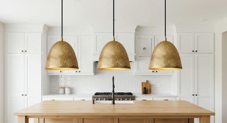 Pierced Brass Bell Pendant Light – Handcrafted Moroccan Gold Dome Kitchen Island Chandelier