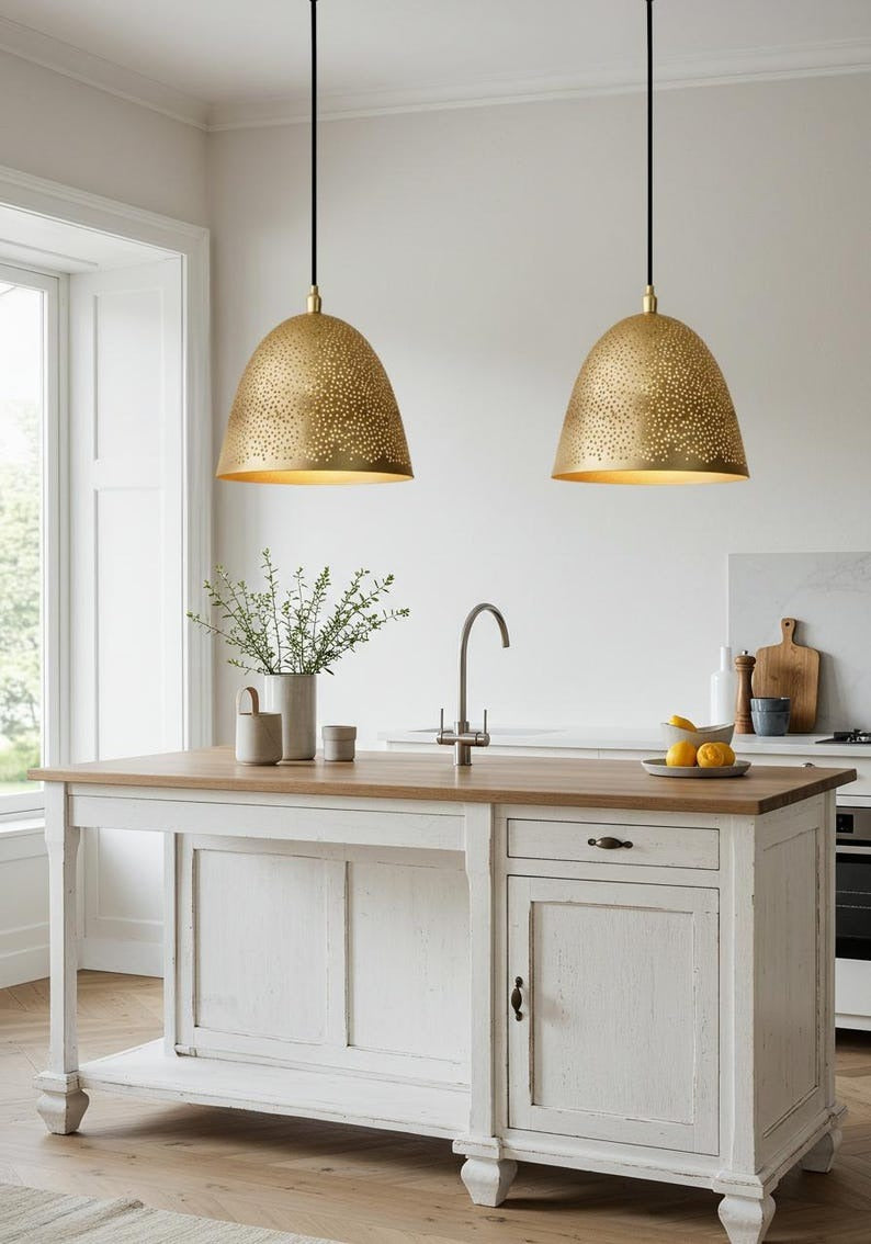 Pierced Brass Bell Pendant Light – Handcrafted Moroccan Gold Dome Kitchen Island Chandelier