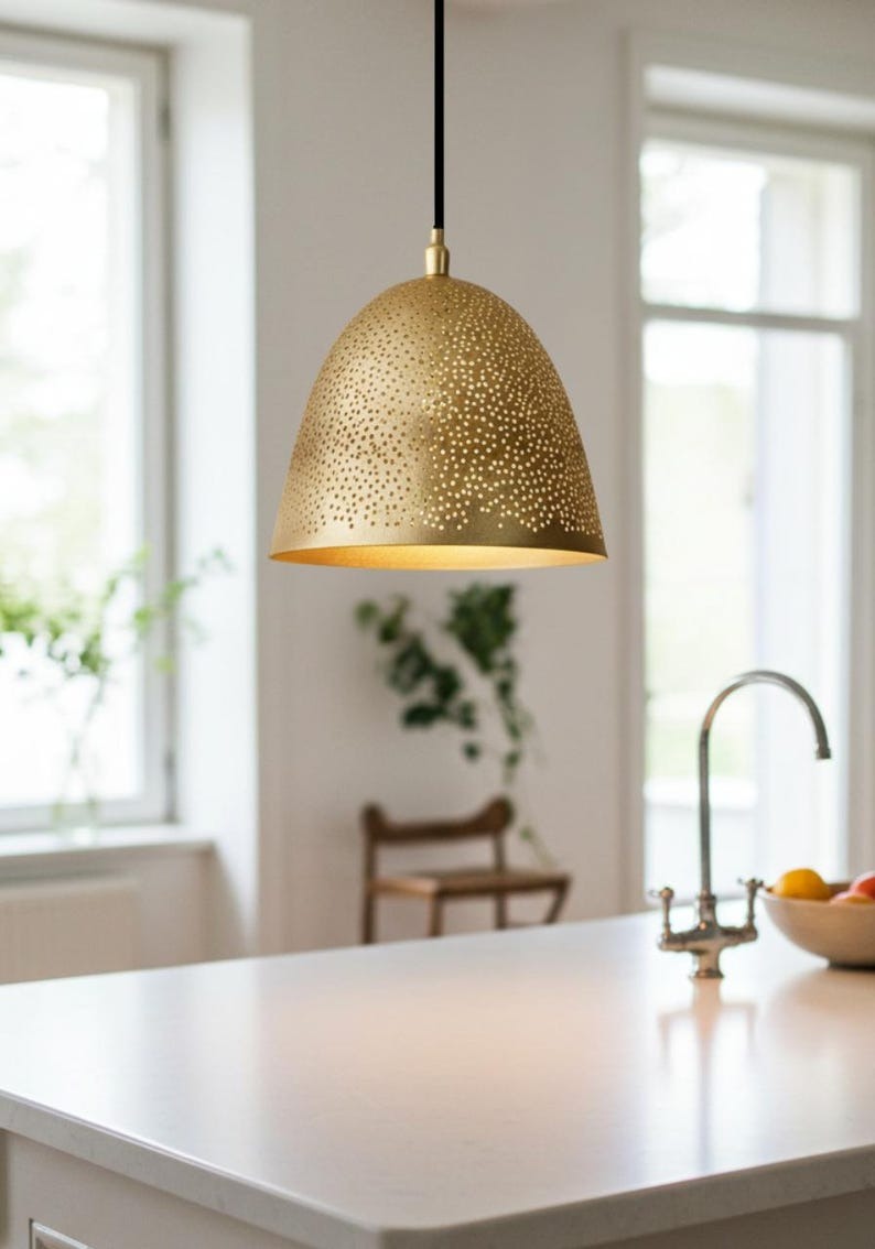 Pierced Brass Bell Pendant Light – Handcrafted Moroccan Gold Dome Kitchen Island Chandelier