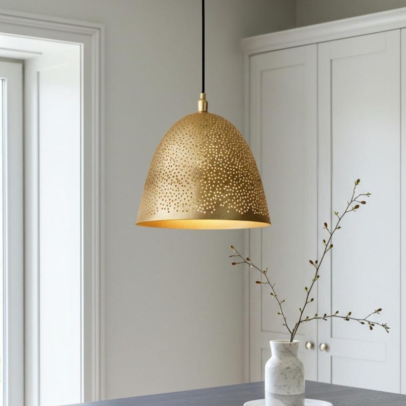 Pierced Brass Bell Pendant Light – Handcrafted Moroccan Gold Dome Kitchen Island Chandelier