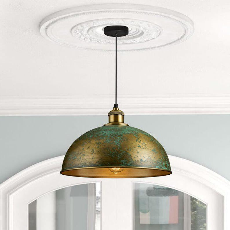 Handmade Antique Brass Pendant Light – Moroccan Gold Dome Hanging Lamp with Green Patina Accents for Kitchen Island, Dining Room & Boho Home Décor