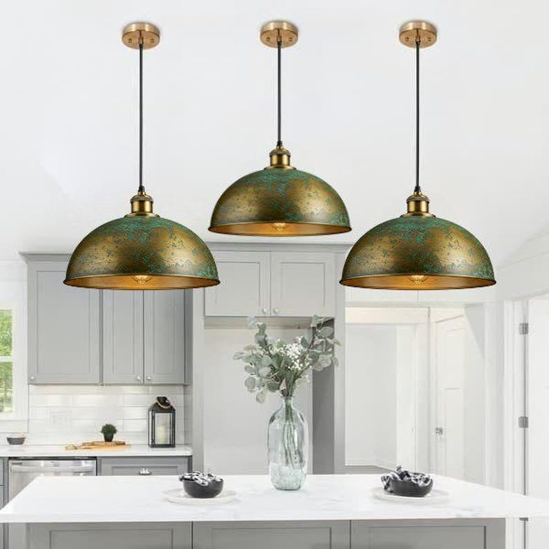 Handmade Antique Brass Pendant Light – Moroccan Gold Dome Hanging Lamp with Green Patina Accents for Kitchen Island, Dining Room & Boho Home Décor