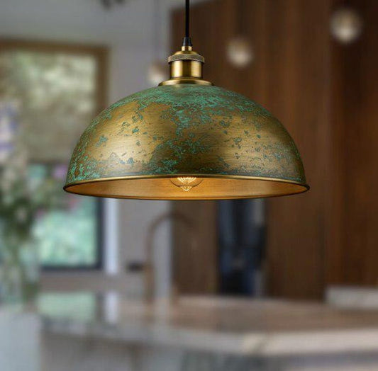 Handmade Antique Brass Pendant Light – Moroccan Gold Dome Hanging Lamp with Green Patina Accents for Kitchen Island, Dining Room & Boho Home Décor