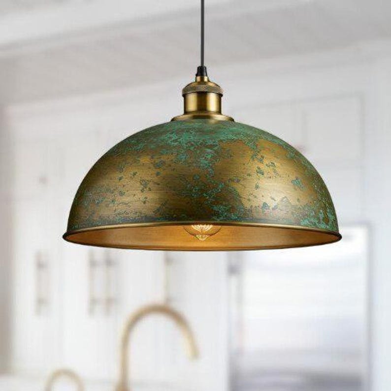 Handmade Antique Brass Pendant Light – Moroccan Gold Dome Hanging Lamp with Green Patina Accents for Kitchen Island, Dining Room & Boho Home Décor